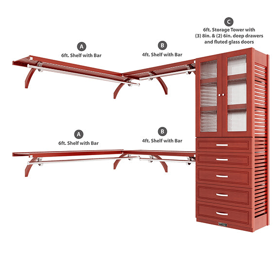 Red Mahogany L Shaped Walk In Closet Organizer with Drawers Doors Parts Included