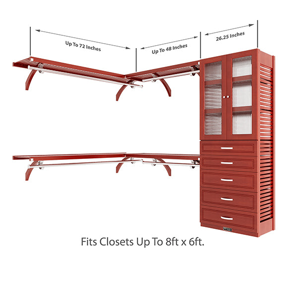 Red Mahogany L Shaped Walk In Closet Organizer with Drawers and doors Size Dimensions