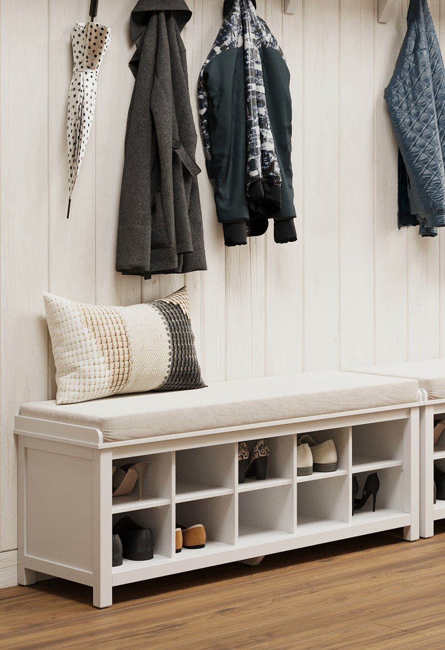 white shoe storage bench with seating used foyer entryway