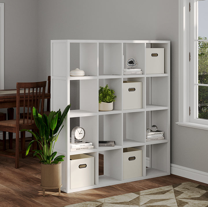 multiple 4 cube organizers stacked to become a room divider
