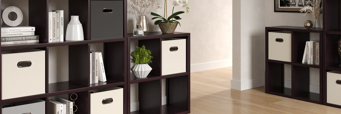 closeup of multiple cube organizers used to create a custom storage solution in an espresso finish