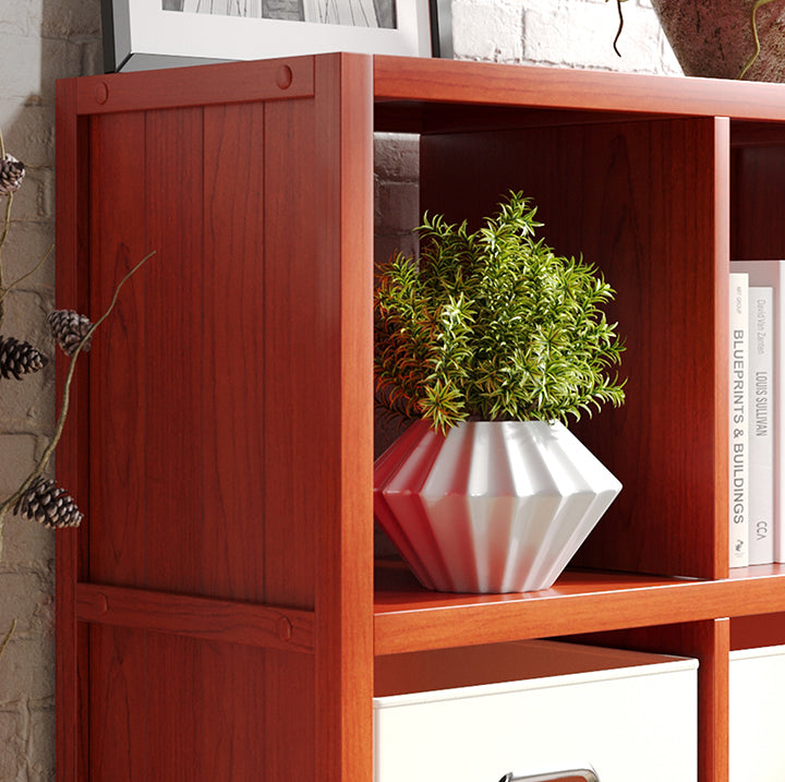 closeup of the wood finish of a John Louis Home cube organizer in red mahogany