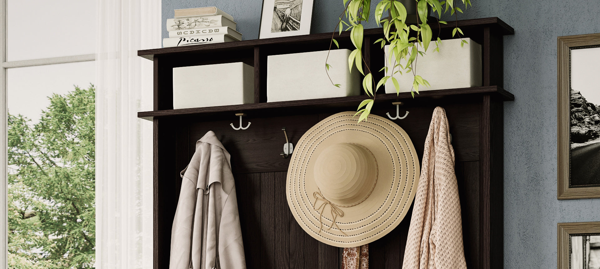 espresso hall tree organizer bench