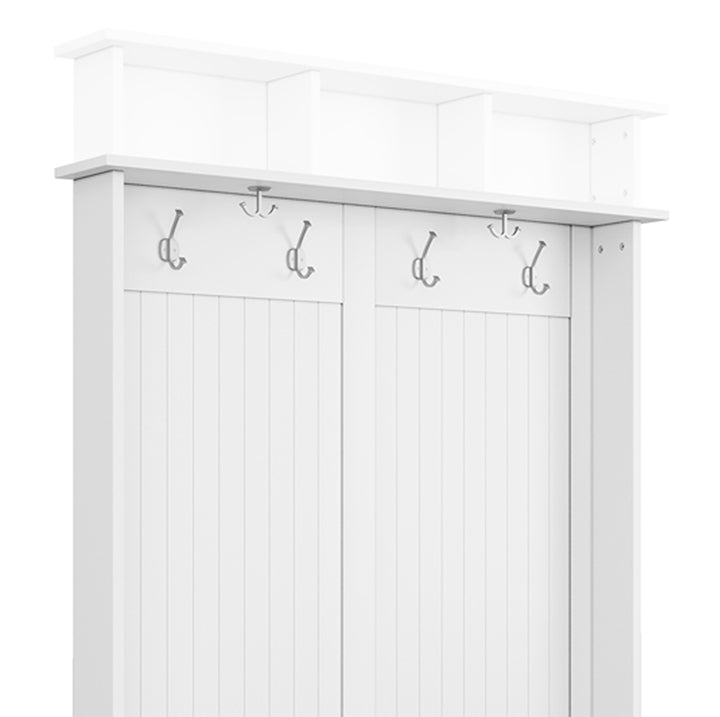 closeup image of the John Louis Home hall tree top showing how the cubby top can be removed