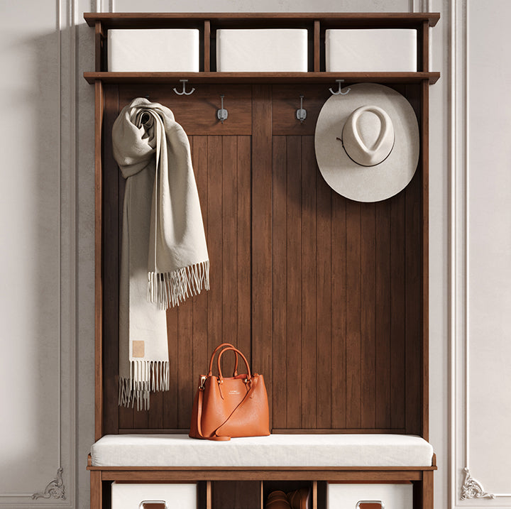 a chestnut  John Louis Home hall tree  used with the wainscoting back panels to create farmhouse style