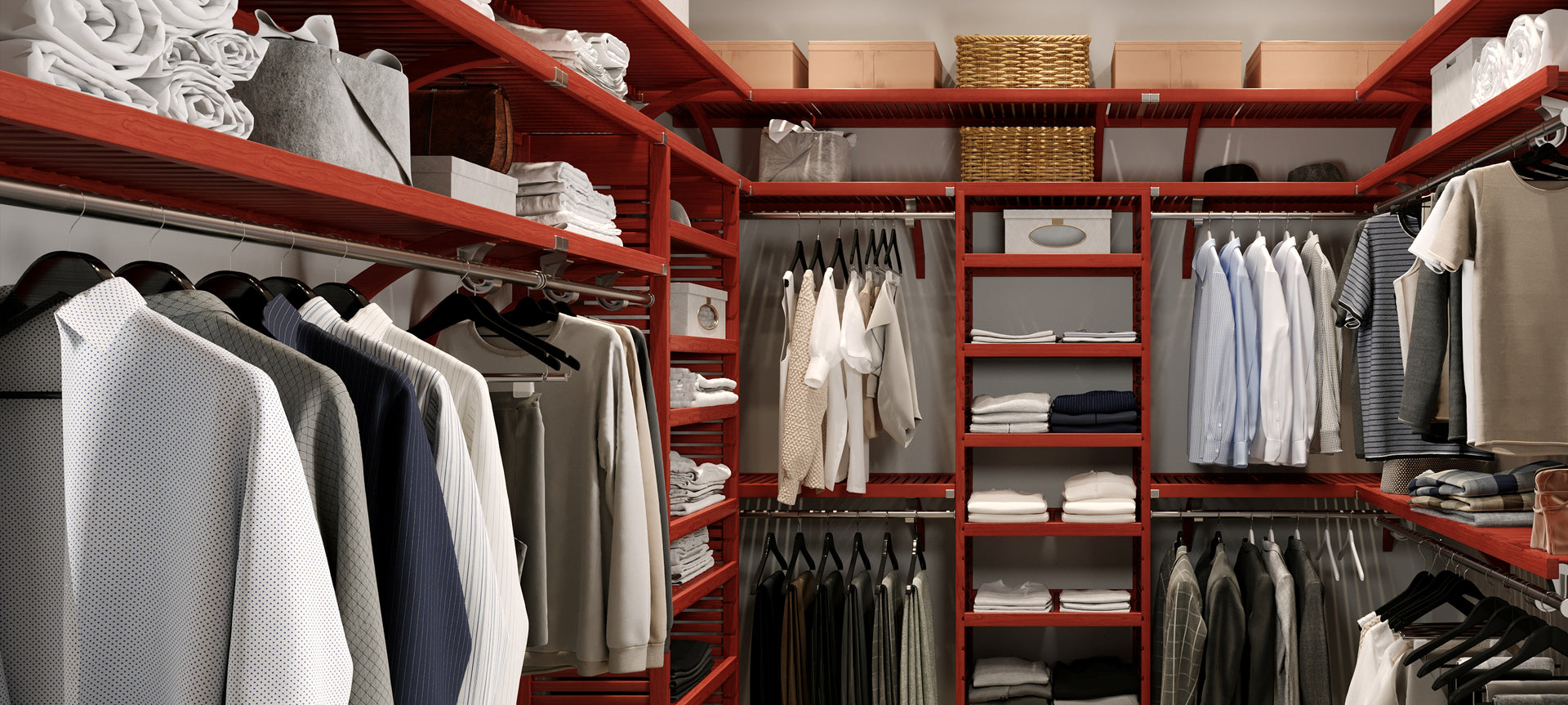 custom walk in closet design with red mahogany towers and shelves organizing clothes and bins