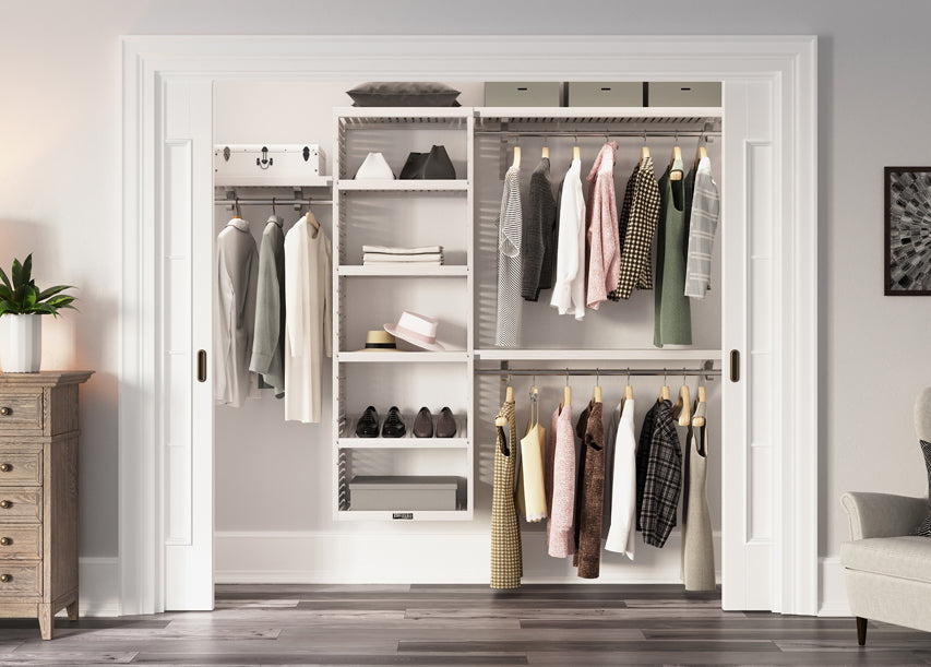 white closet organizer with clothes and items in reach in closet 