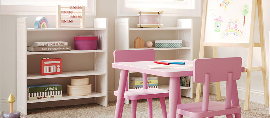 stackable wood shelving rack used in kids playroom color white