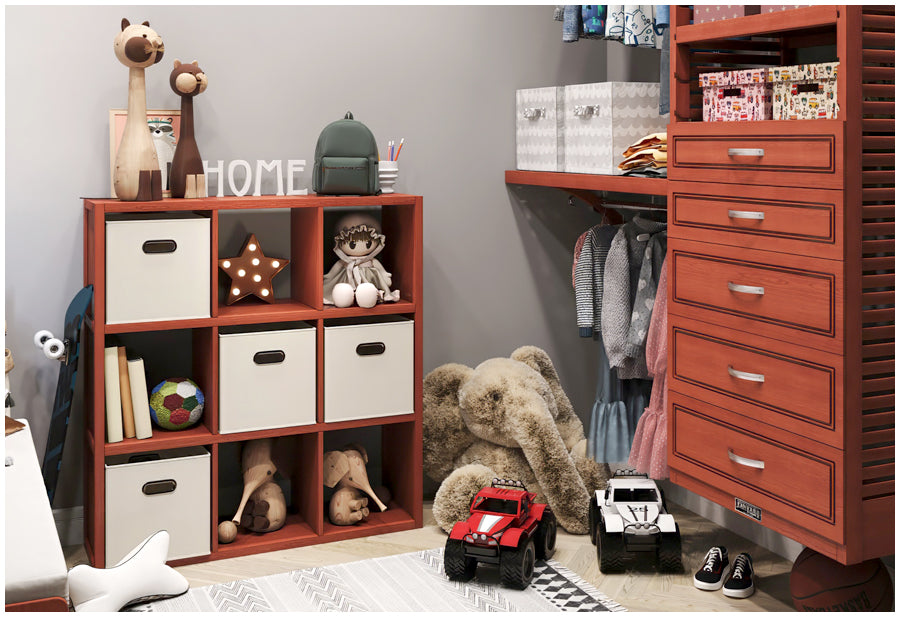 red mahogany storage cube in kids walk in closet