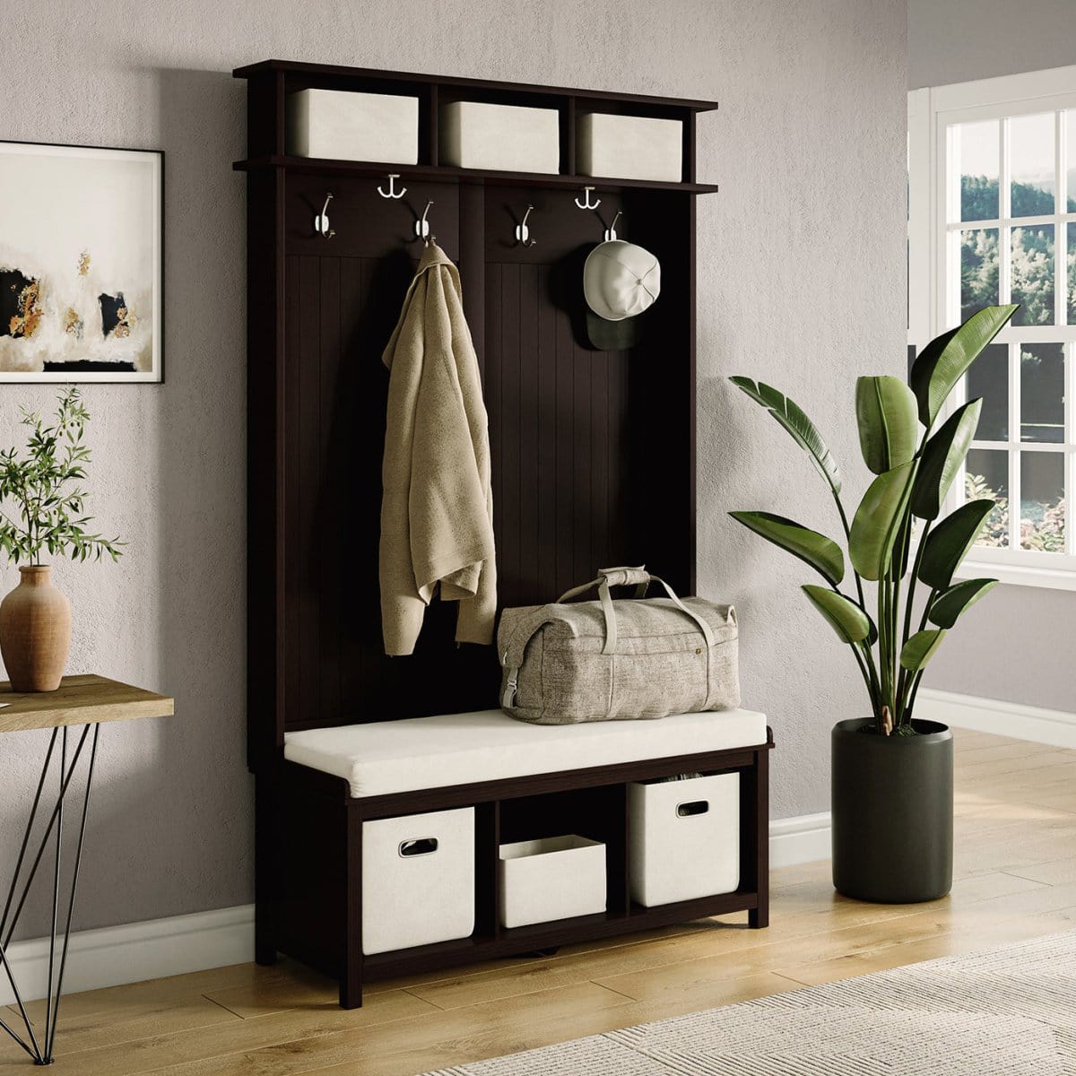 Solid Wood Hall Tree Entryway Bench with 2 Bin & 1 Shoe Dividers - John Louis Home - Hall Trees