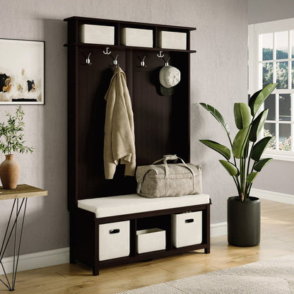 Solid Wood Hall Tree Entryway Bench with 2 Bin & 1 Shoe Dividers - John Louis Home - Hall Trees