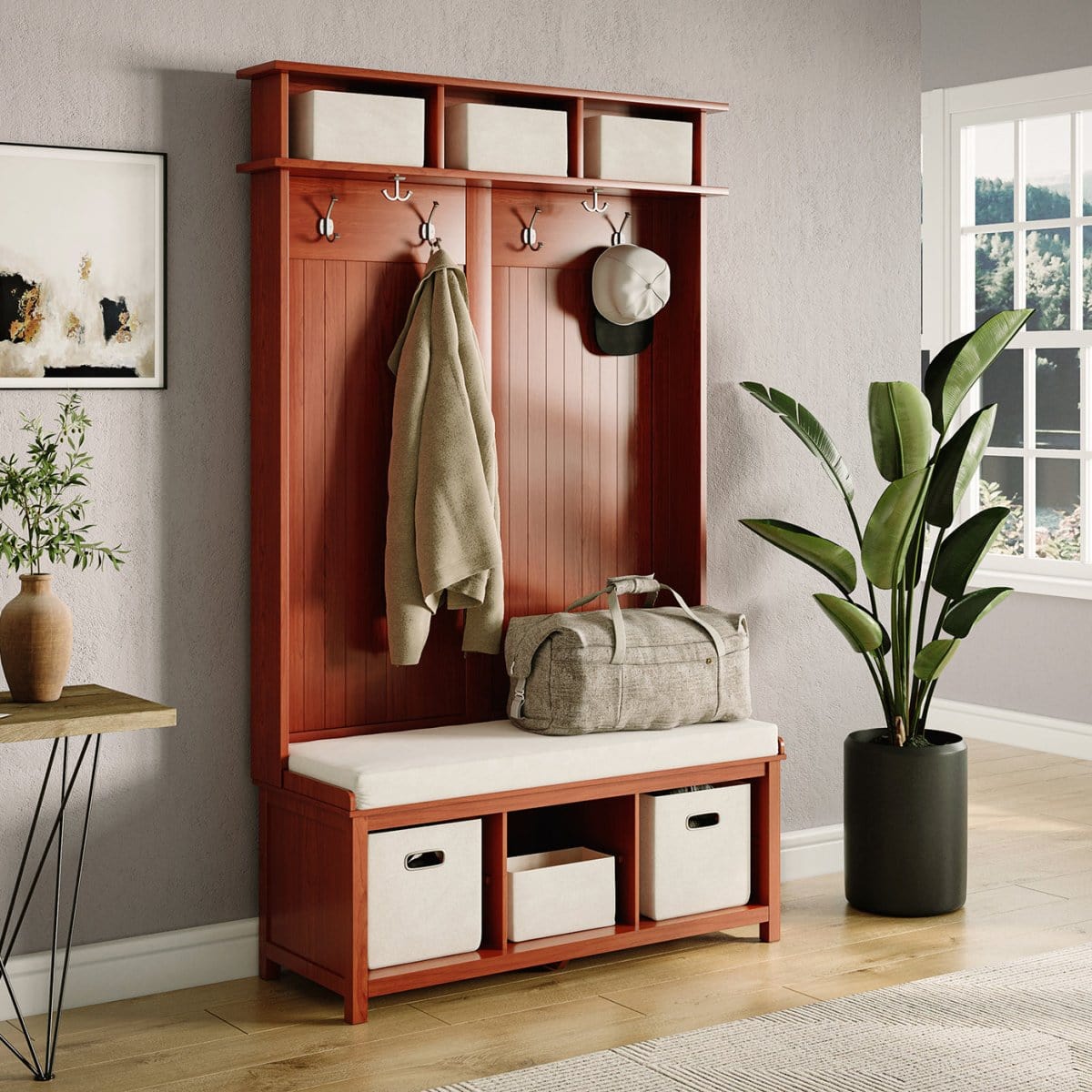 Solid Wood Hall Tree Entryway Bench with 2 Bin & 1 Shoe Dividers - John Louis Home - Hall Trees