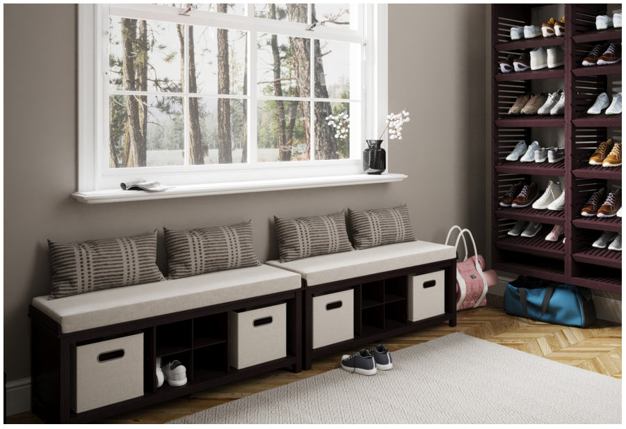 storage bench in large walk in closet