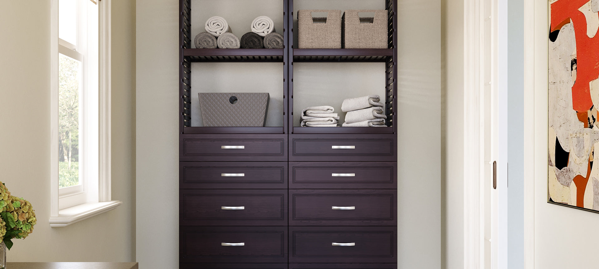 closeup of modern style tower with drawers holding towels in hallway