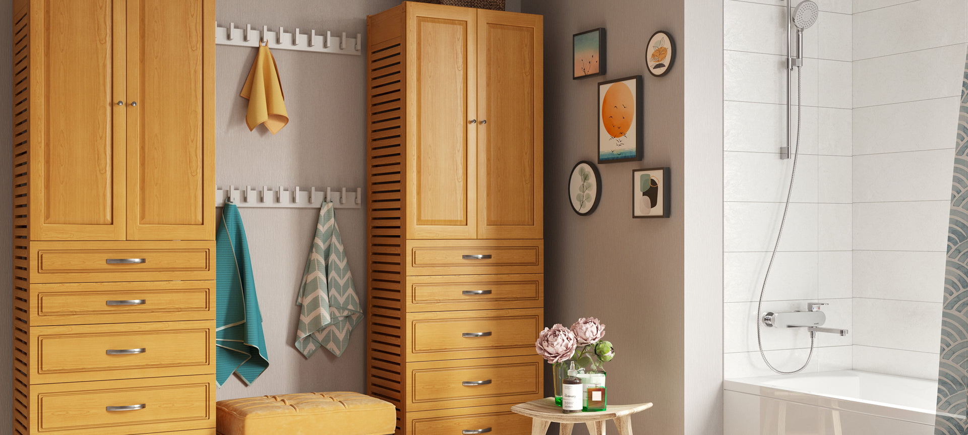 two honey maple storage towers with drawers and doors in a chic bathroom