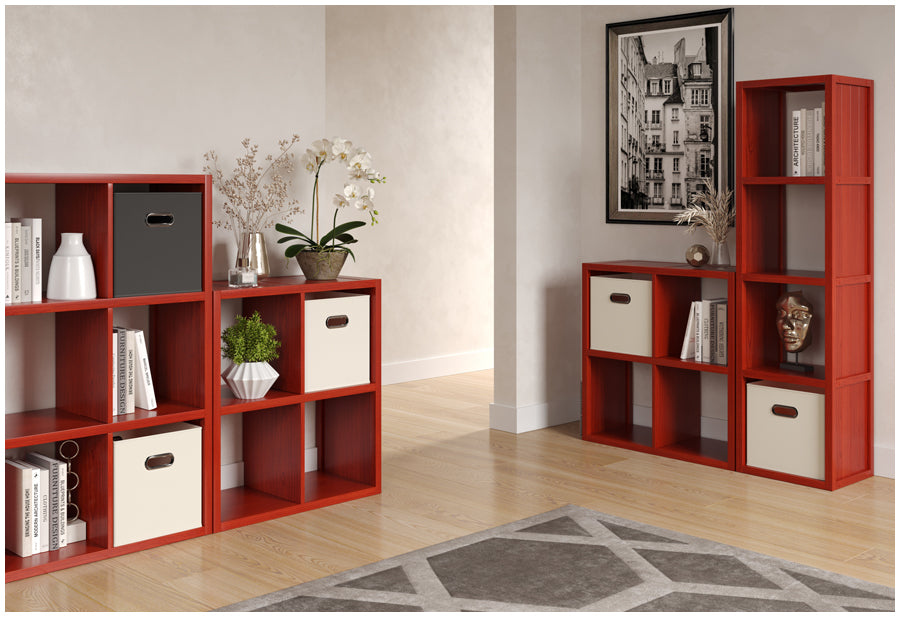 multiple red mahogany cube organizers used in living room