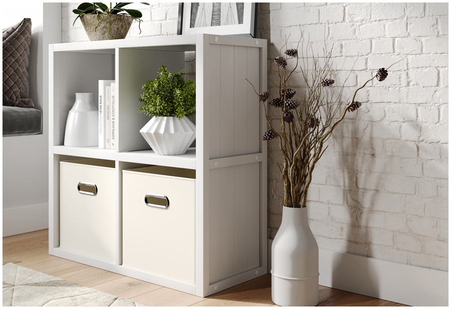 white 4 cube storage in entryway