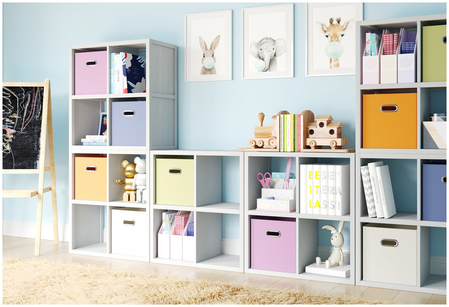 white cube storage in kids playroom with bins