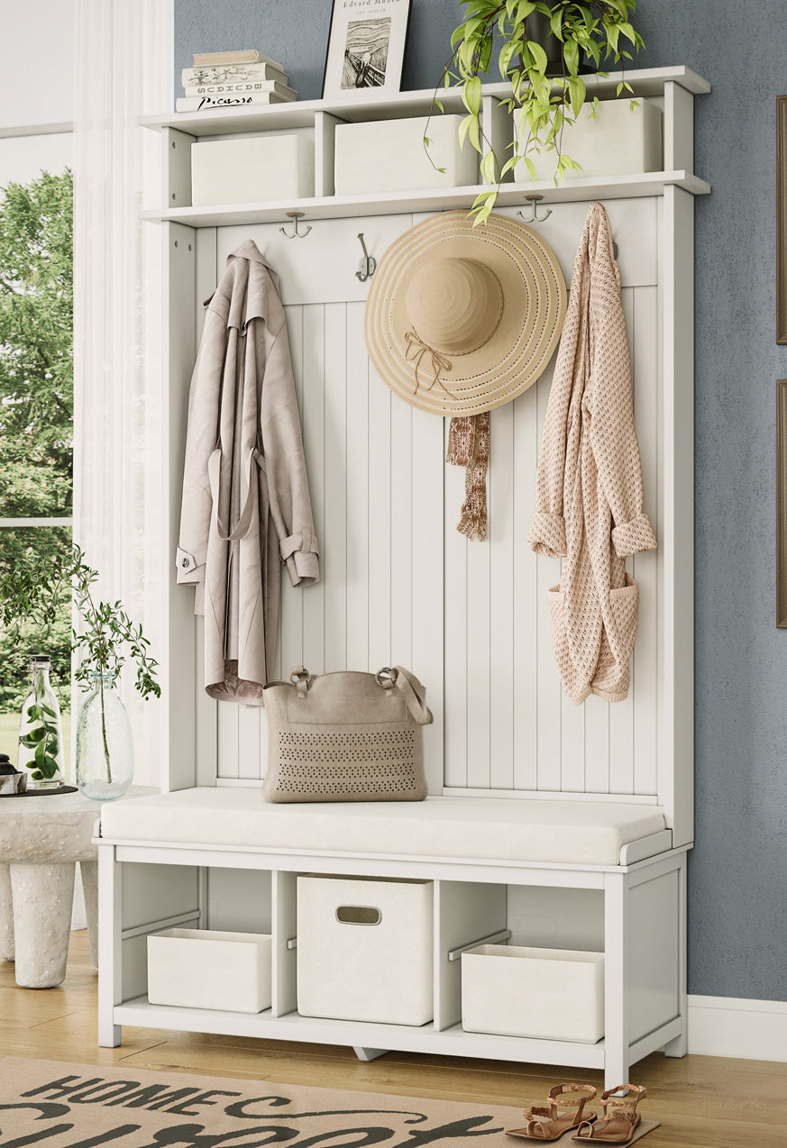 white hall tree bench storage organizer in entryway