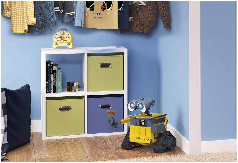 white storage cube in kids reach in closet